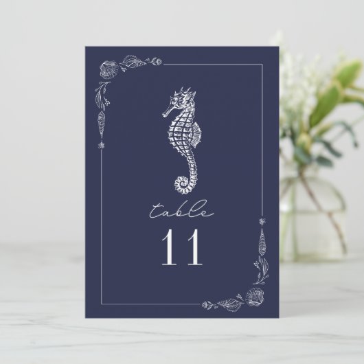 Rustikales Seepferd Navy Blue Wedding Tischnummer (Stehend Vorderseite)