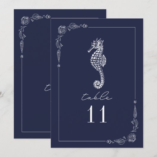 Rustikales Seepferd Navy Blue Wedding Tischnummer (Vorne/Hinten)