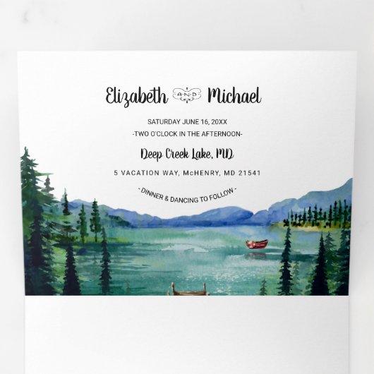 Rustikales Seeufergebirge | Illustrierte Hochzeit Dreifach Gefaltete Einladung (Innen Erste Seite)