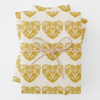 Rustikales Senfgold-Dekor-Herzmuster Geschenkpapier Set