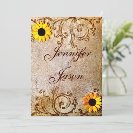 Rustikales Shabby Chic Sonnenblumen Braun Hochzeit Einladung (Stehend Vorderseite)