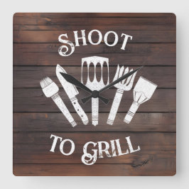 Rustikales "Shoot To Grill" - Funny GRILLEN Gift Quadratische Wanduhr