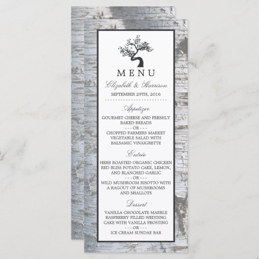 Rustikales "Silver Birch Tree Wedding"-Menü Menükarte (Vorne/Hinten)