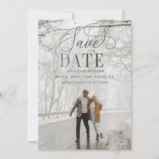 Rustikales Silver Script Modernes Foto Save the Da Save The Date (Vorderseite)