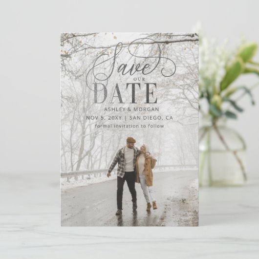 Rustikales Silver Script Modernes Foto Save the Da Save The Date (Stehend Vorderseite)