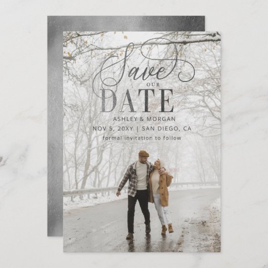 Rustikales Silver Script Modernes Foto Save the Da Save The Date (Vorne/Hinten)