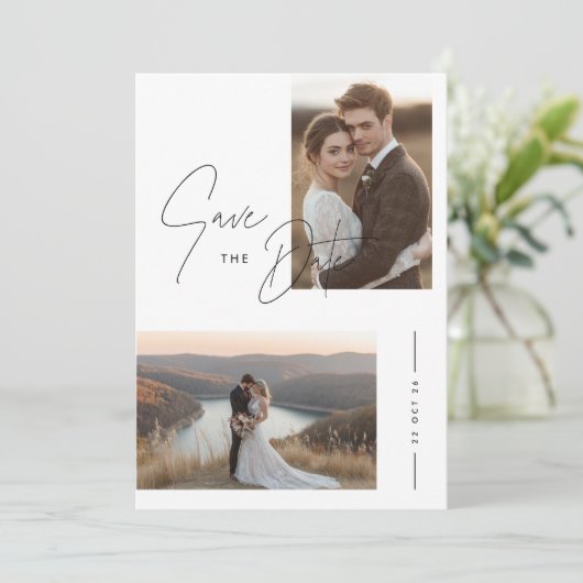 Rustikales Skript 2 Foto Hochzeit speichern das Da Einladung (Stehend Vorderseite)