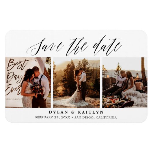 Rustikales Skript Drei Fotos Save the Date 4x6 Magnet (Horizontal)
