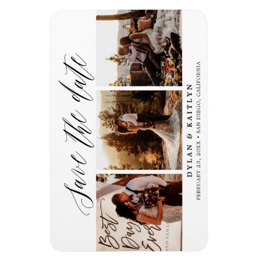 Rustikales Skript Drei Fotos Save the Date 4x6 Magnet (Vertikal)