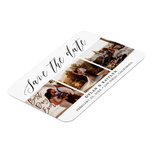 Rustikales Skript Drei Fotos Save the Date Magnet (Linke Seite)