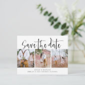Rustikales Skript Drei Fotos Save the Date Postkar Ankündigungspostkarte (Stehend Vorderseite)