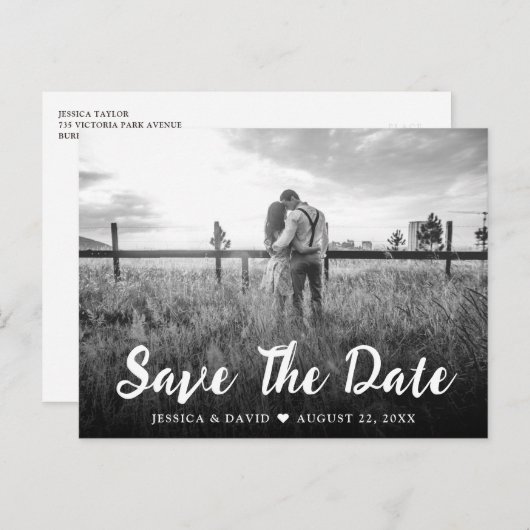 Rustikales Skript-Foto Hochzeit Speichern Sie das  Ankündigungspostkarte (Vorne/Hinten)
