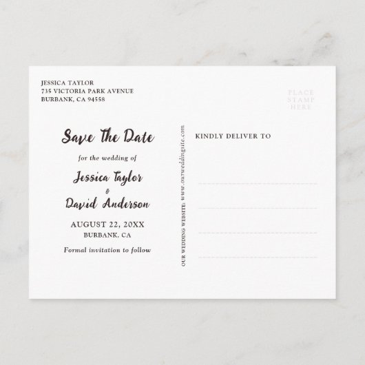 Rustikales Skript-Foto Hochzeit Speichern Sie das  Ankündigungspostkarte (Rückseite)