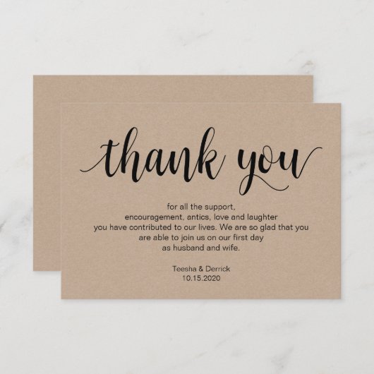 Rustikales Skript, kraft, schwarz, Hochzeit Danke Begleitkarte (Vorne/Hinten)