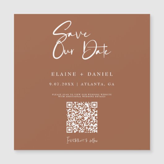 Rustikales Skript-QR-Code Save The Date Magnet (Vorderseite)