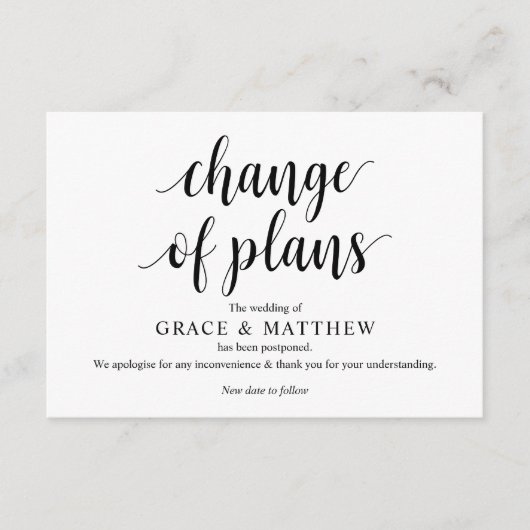 Rustikales Skript, Schwarz, Hochzeitverschiebung,  Begleitkarte (Vorderseite)