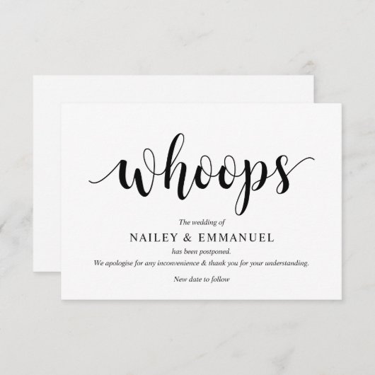 Rustikales Skript, Schwarz, Hochzeitverschiebung,  Begleitkarte (Vorne/Hinten)