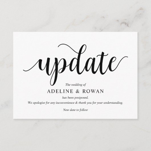 Rustikales Skript, Schwarz, Hochzeitverschiebung,  Begleitkarte (Vorderseite)