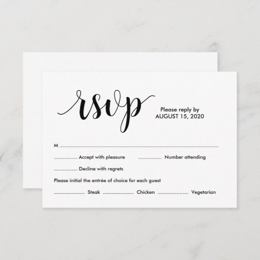 Rustikales Skript, Schwarzer Schriftart, Hochzeits RSVP Karte (Vorne/Hinten)