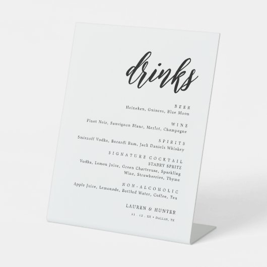 Rustikales Skript Wedding Bar Menu Drink Menü Sockelschild (Vorderseite)