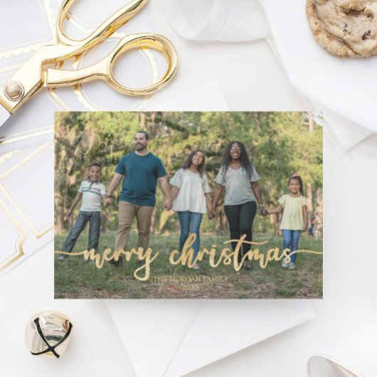 Rustikales Skript Weihnachts-Foto-Karte Gold Dankeskarte