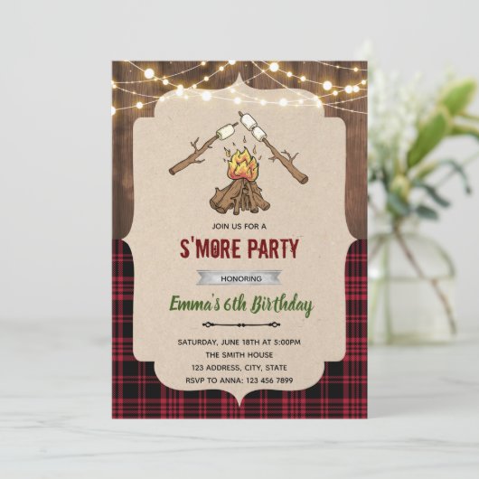 Rustikales Smore Camp Thema Einladung (Stehend Vorderseite)