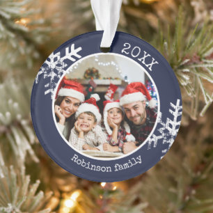 Rustikales Snowflake Navy Blue Foto Weihnachten Ornament
