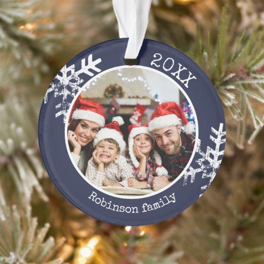 Rustikales Snowflake Navy Blue Foto Weihnachten Ornament (Baum)
