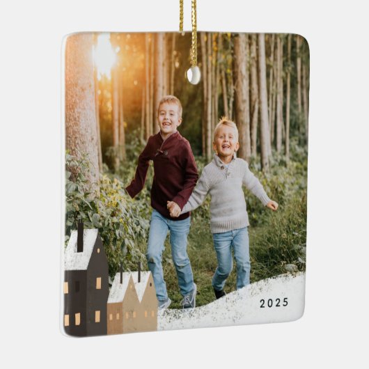 Rustikales Snowy Village Scene Foto Keramik Orname Keramikornament (Rechts)