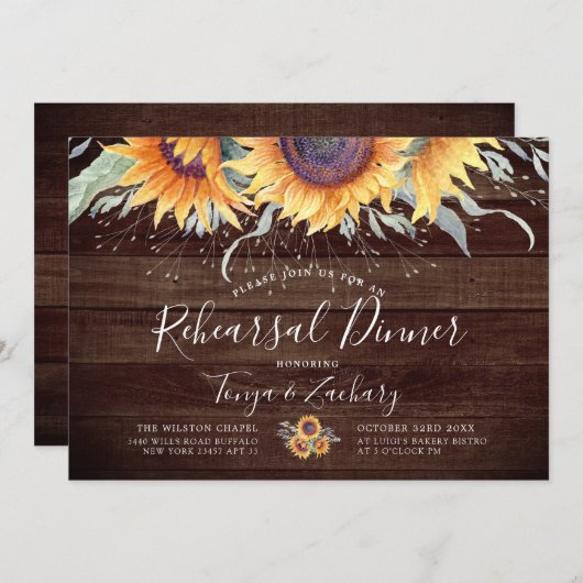 Rustikales Sonnenblumen | Abendessen Probe Einladung (Vorne/Hinten)