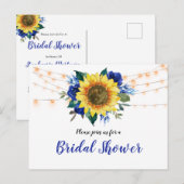 Rustikales Sonnenblumen Blauer Brautparty Einladungspostkarte (Vorne/Hinten)