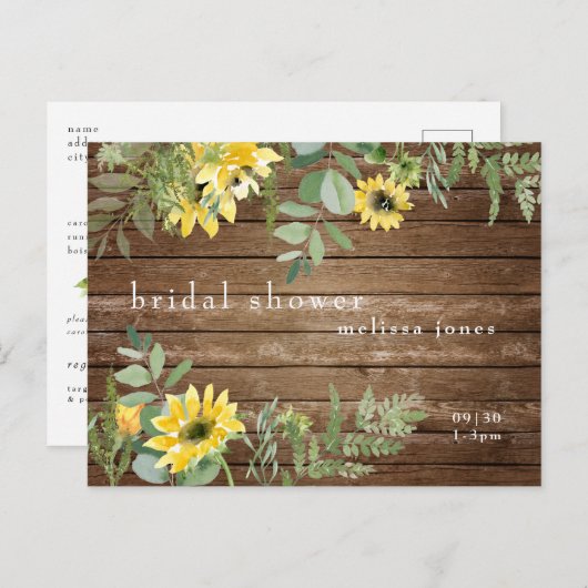 Rustikales Sonnenblumen Botanisches Brautparty und Einladungspostkarte (Vorne/Hinten)