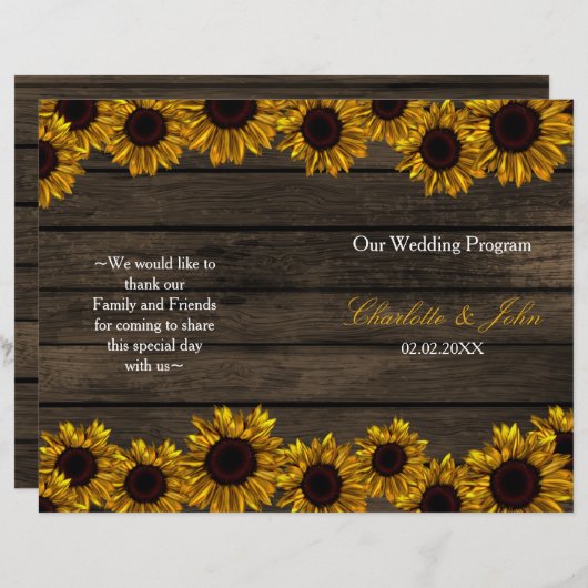 Rustikales Sonnenblumen-Brauerei-Hochzeitsprogramm (Vorne/Hinten)