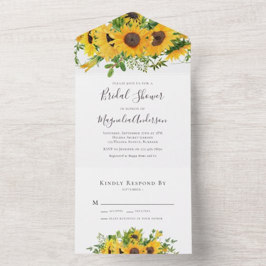 Rustikales Sonnenblumen-Brautparty All In One Einladung (Innen Boden)