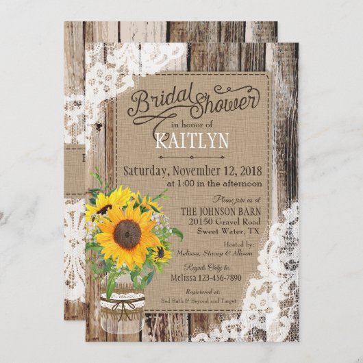 Rustikales Sonnenblumen-Brautparty Einladung (Vorne/Hinten)