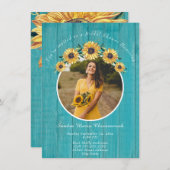 Rustikales Sonnenblumen-Brautparty für Aquamarine Einladung (Vorne/Hinten)