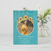 Rustikales Sonnenblumen-Brautparty für Aquamarine Einladung (Stehend Vorderseite)