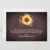 Rustikales Sonnenblumen Burgundy Wood Light Weddin Dankeskarte (Rückseite)