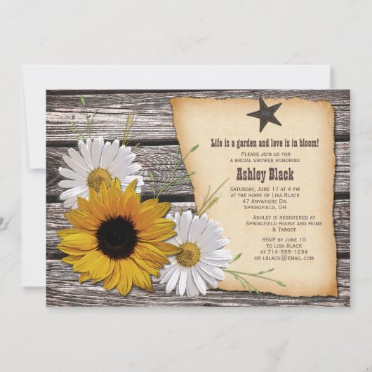 Rustikales Sonnenblumen Daisy Brautparty Einladung (Vorderseite)