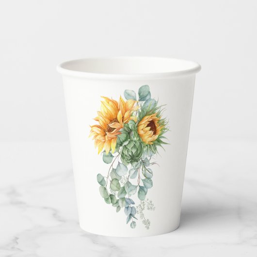 Rustikales Sonnenblumen Eukalyptus Grünes Brautpar Pappbecher (Rückseite)