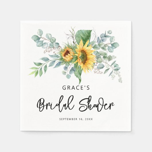 Rustikales Sonnenblumen Eukalyptus Grünes Brautpar Serviette (Vorderseite)