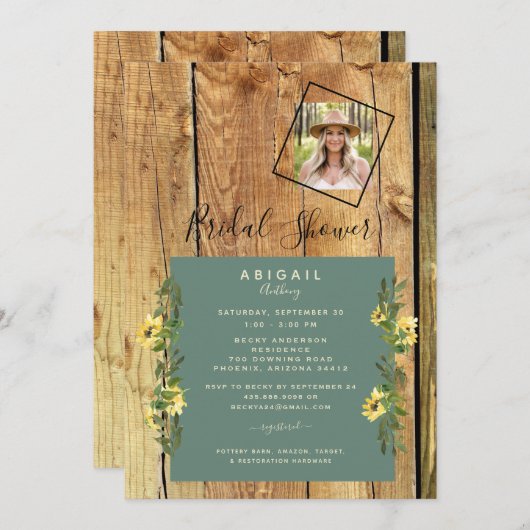 Rustikales Sonnenblumen-Foto-Brautparty Einladung (Vorne/Hinten)