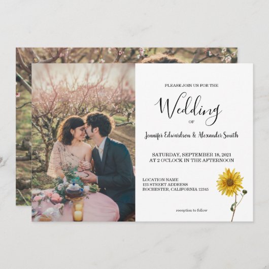 Rustikales Sonnenblumen Foto Land Hochzeit Invi Einladung (Vorne/Hinten)