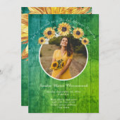 Rustikales Sonnenblumen Grünes Holz Hochzeitsstich Einladung (Vorne/Hinten)