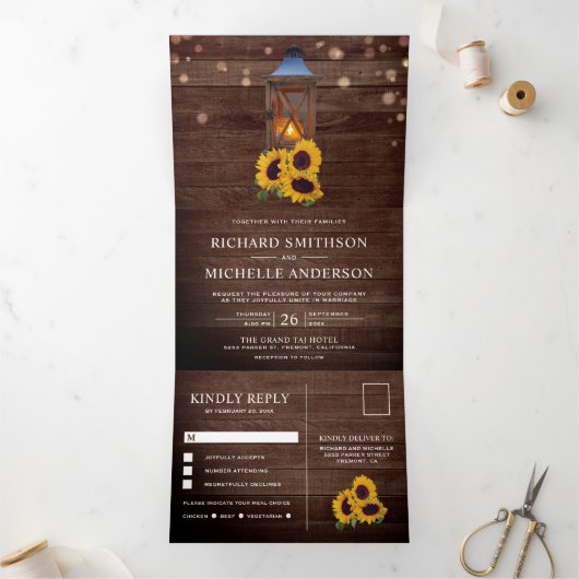 Rustikales Sonnenblumen-Laternenwetter Dreifach Gefaltete Einladung (Innenseite)