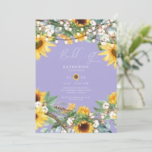 Rustikales Sonnenblumen-Lavendel-Brautparty Einladung (Stehend Vorderseite)