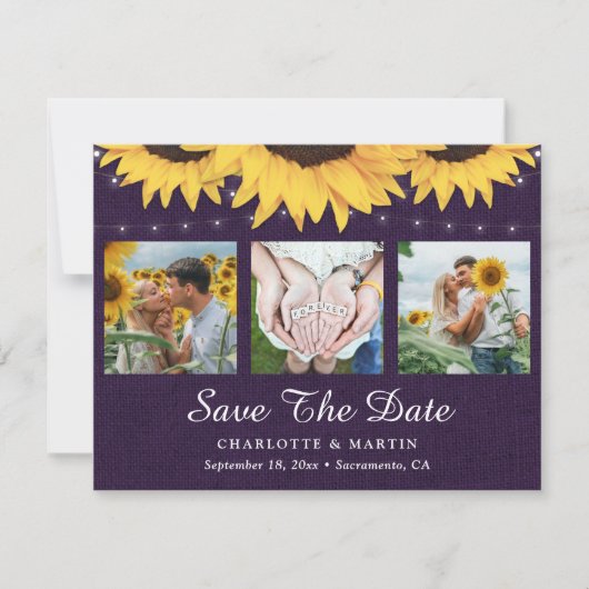 Rustikales Sonnenblumen Lila Burlap Wedding Foto Save The Date (Vorderseite)