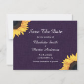 Rustikales Sonnenblumen Lila Burlap Wedding Foto Save The Date (Rückseite)