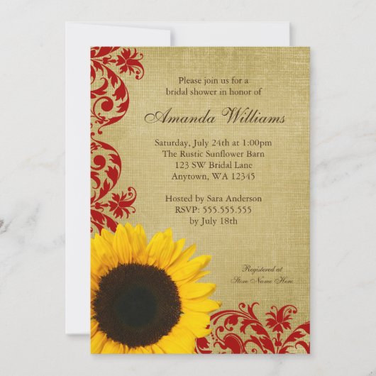 Rustikales Sonnenblumen Rotes Wirbel Brautparty Einladung (Vorderseite)