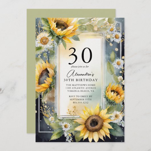Rustikales Sonnenblumen-Script 30. Geburtstag Einladung (Vorne/Hinten)